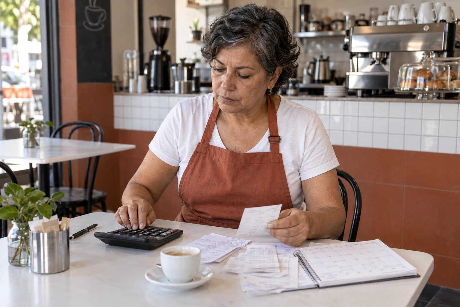 Ilustração fotográfica de uma proprietária de cafeteria conferindo recibos e calendário