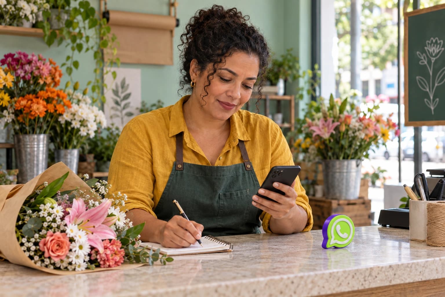 Ilustração fotográfica de uma florista atendendo pelo celular, com pequeno objeto de WhatsApp sobre o balcão