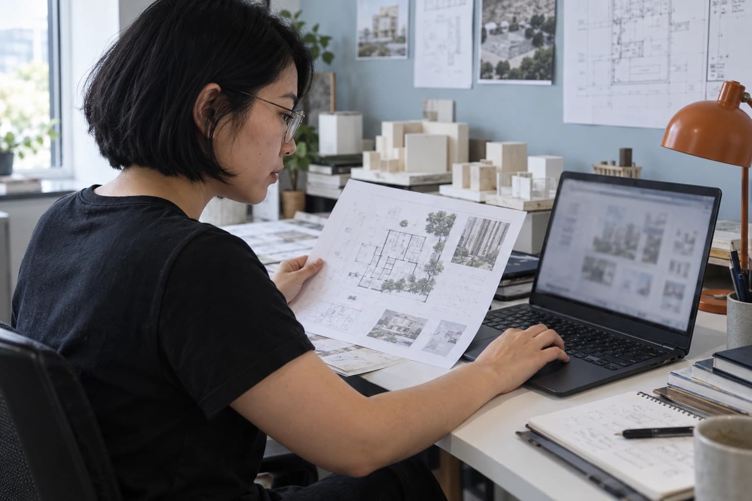 Ilustração fotográfica de uma profissional de arquitetura comparando um documento com informações no notebook