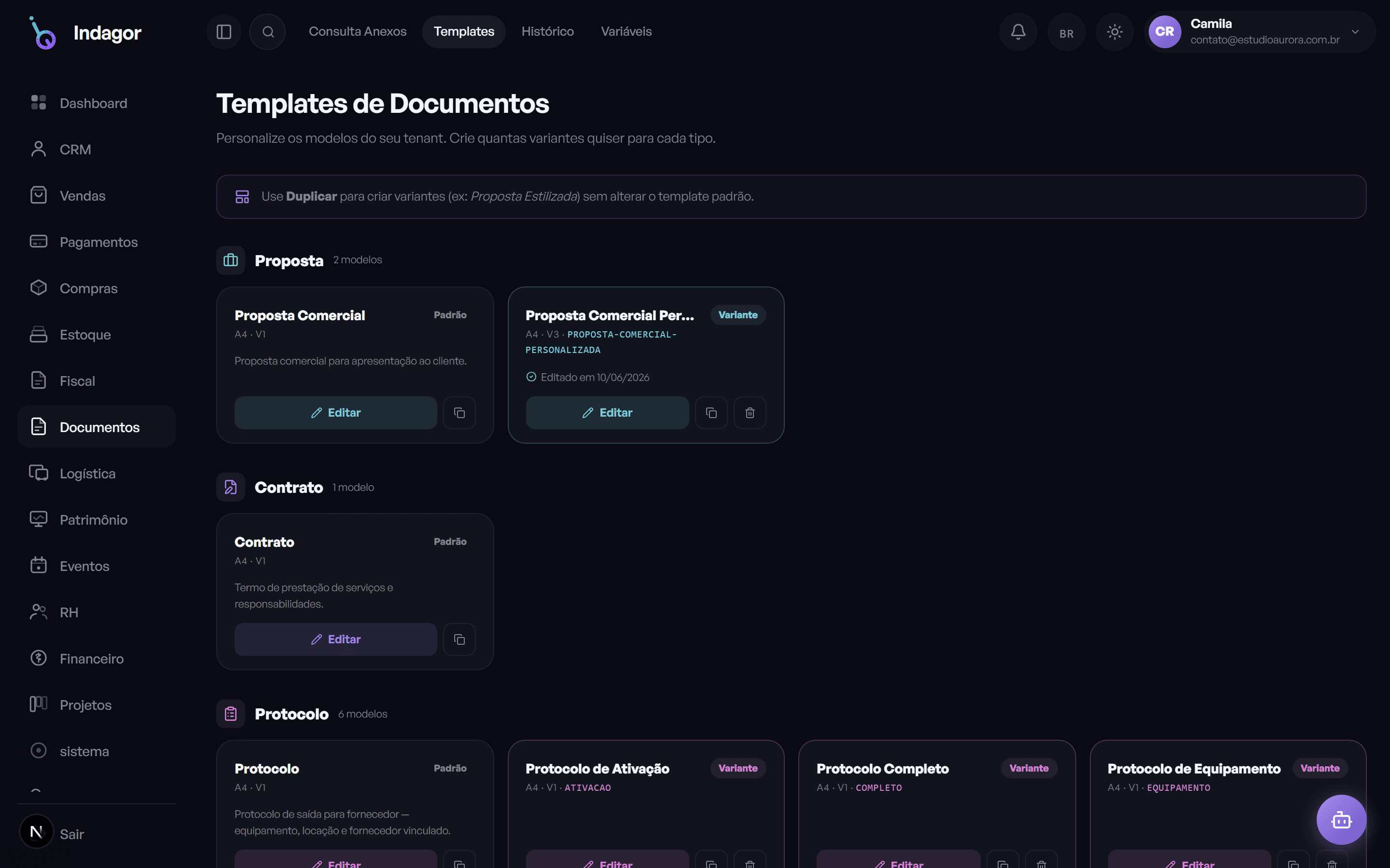 Tela de documentos mostrando o designer de templates de contrato