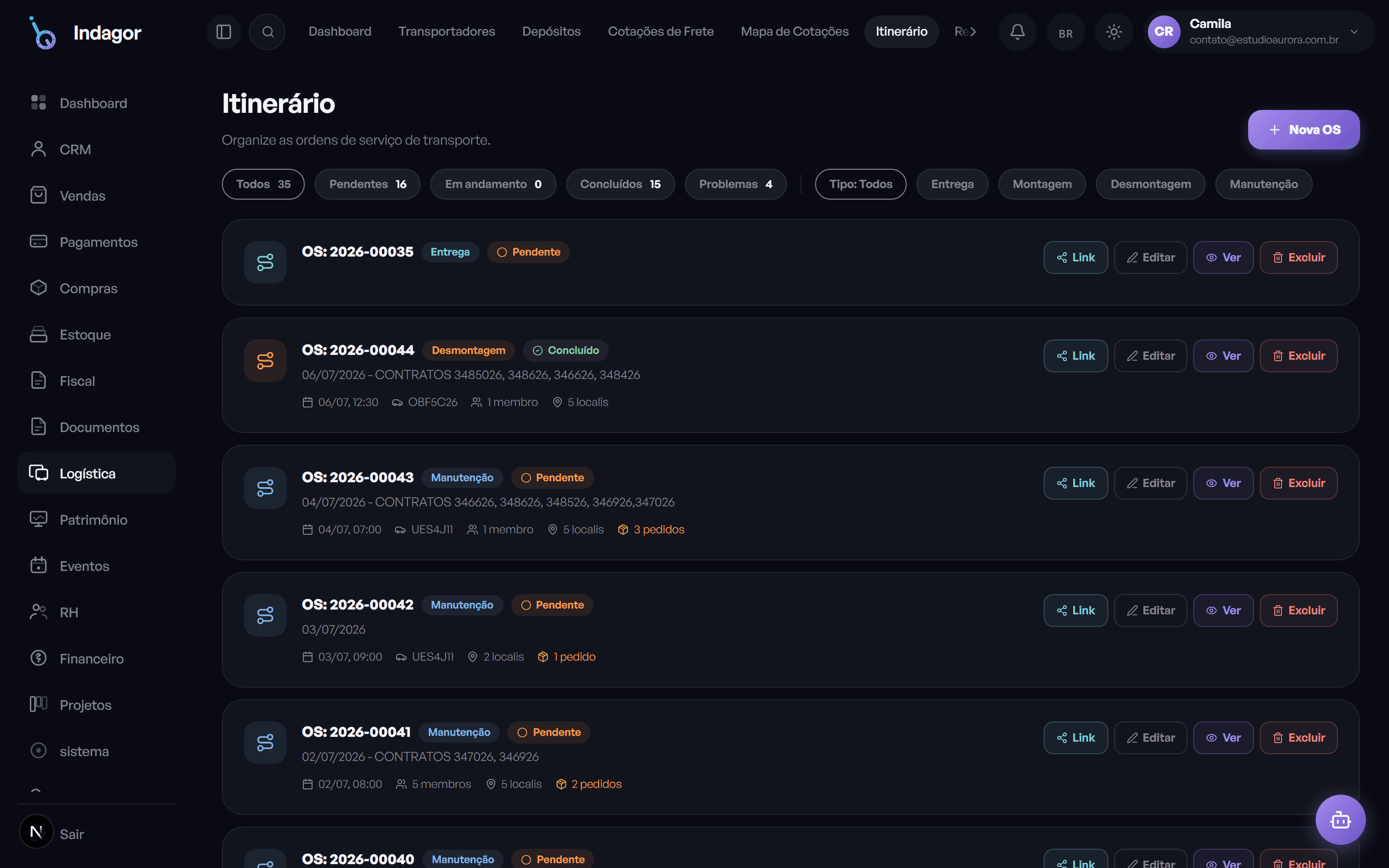 Tela de logística mostrando o itinerário de entrega
